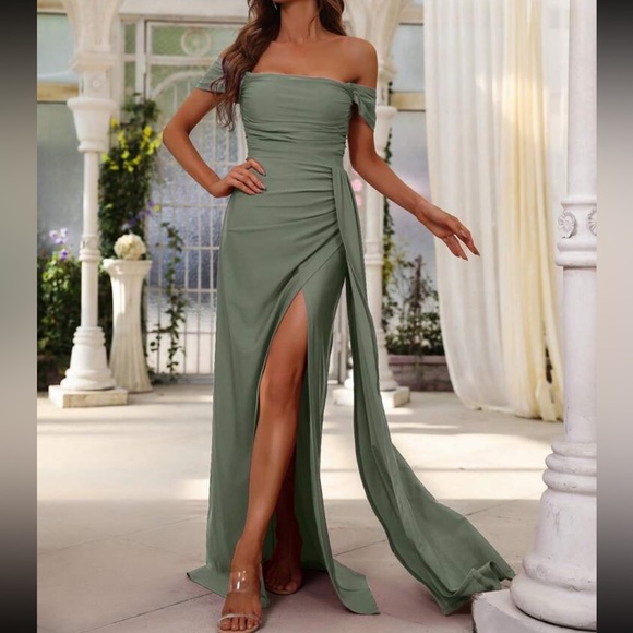 Luxe off shoulder draped hem slit thigh party formal prom wedding gown dress - Picture 7 of 16
